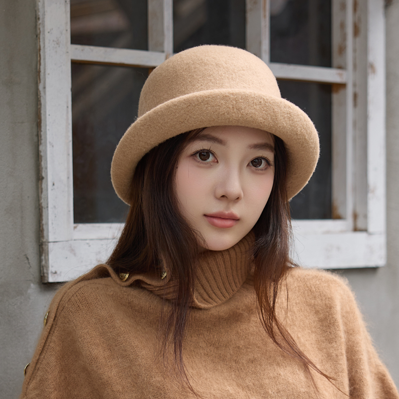 日系卷边渔夫帽子女秋冬时尚百搭羊毛呢保暖盆帽复古优雅气质礼帽