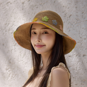春夏法式 复古可卷边渔夫帽花朵草帽女海边度假遮阳透气纸草盆帽