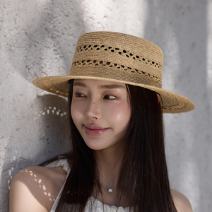 韩系纯手工编织平顶草帽子女2026新款夏防晒镂空优雅礼帽平沿帽子