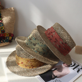 2026春夏 印花棉布草帽天然咸水草镂空草编帽复古平顶礼帽女度假