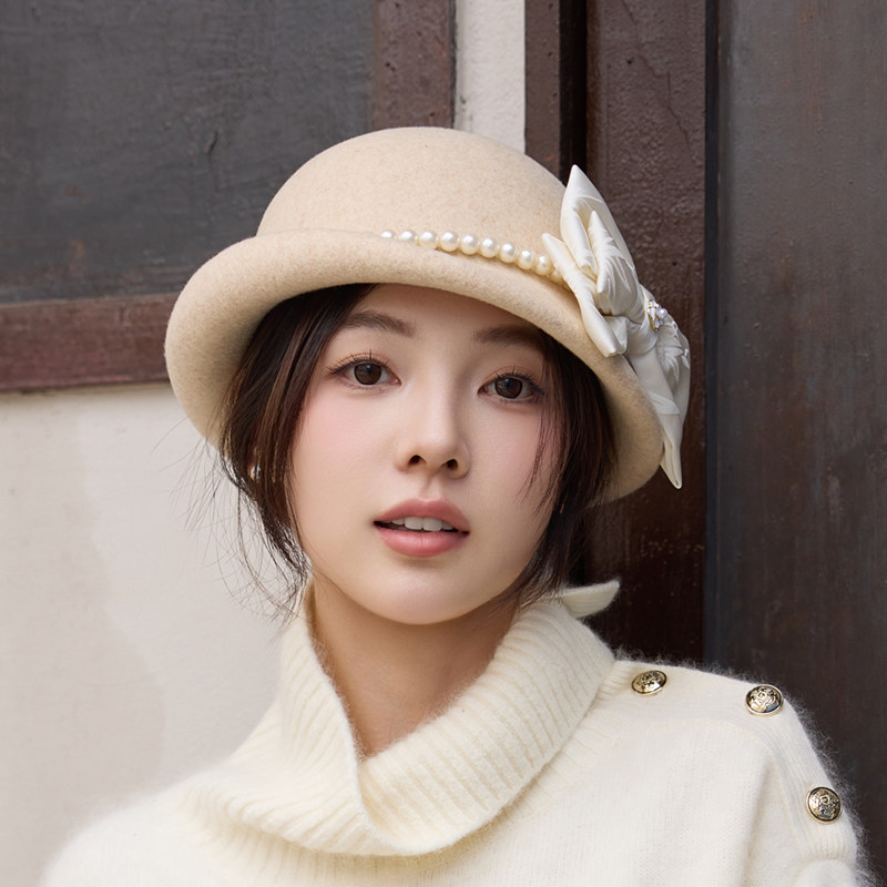 秋冬新款燕麦羊毛呢复古贝雷帽女法式优雅珍珠名媛礼帽高档空姐帽