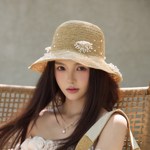 法式花蕊珍珠拉菲草草帽女海边夏新款太阳帽大头围防晒遮阳帽子