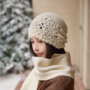 秋冬羊毛手工钩花镂空帽子女秋新款堆堆帽毛线帽编织针织帽冷帽
