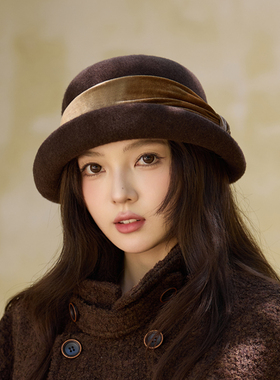 秋冬新款气质款立体羊毛帽子女士羊毛琥珀流光渔夫帽复古卷边盆帽