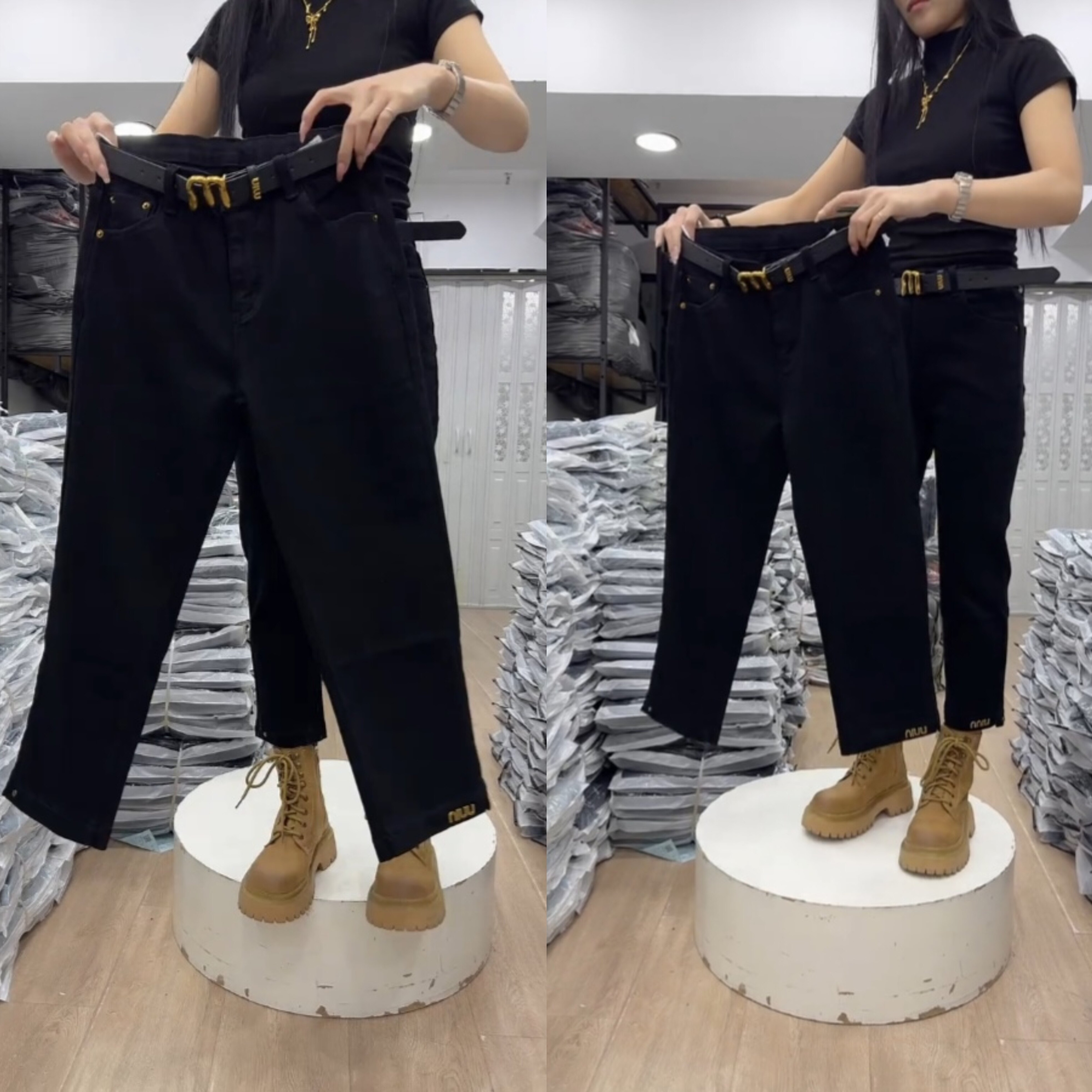 裤脚金属字母显瘦牛仔直筒裤女2025春秋新款高腰弹力小个子九分裤