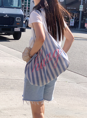 duye度也 韩国haag帆布包条纹logo单肩背包ins海边度假休闲单肩背