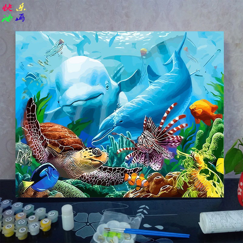 diy数字油画鱼 池塘荷塘 海底海龟 定制 儿童填色 卡通减压装饰画