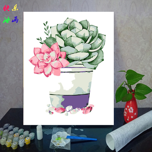 diy数字油画绿色多肉植物 盆栽简约手工儿童涂鸦填色油彩画装饰画