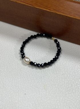 黑尖晶戒指女施家人造珍珠戒指女轻奢时尚新中式百搭