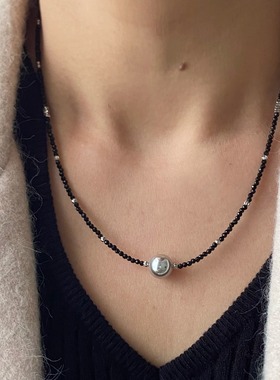 天然爆闪刻面黑尖晶石项链 天然石锁骨链小众ins百搭叠戴显瘦时尚