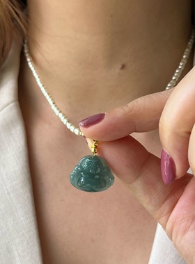 小米珠项链 蓝水翡翠佛公貔貅 施家人造珍珠项链女锁骨链轻奢时尚