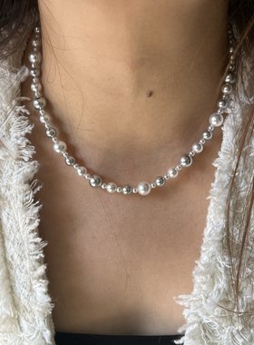 银灰混彩施家珍珠项链女 正圆极光锁骨链叠戴时尚大溪地天女Akoya