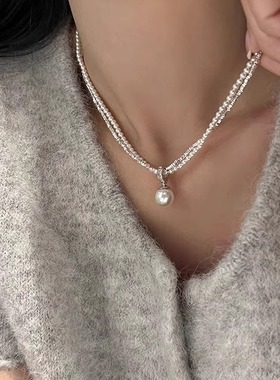 碎银子珍珠项链女双层叠戴万能扣吊坠锁骨链小众设计感双层小米珠