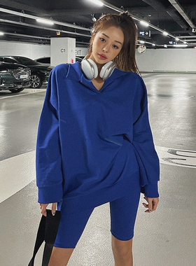 韩国代购2023春季女士蓝色休闲宽松慵懒风长袖T恤修身裤运动套装