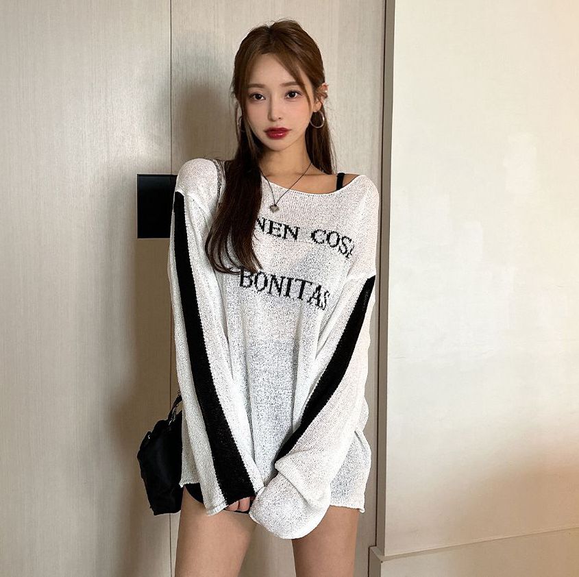 现韩国代购2024夏季女士撞色拼接字母长袖针织衫防晒薄套头空调衫