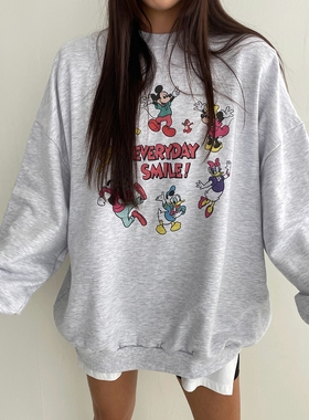 现货韩国东大门2024春秋女士棉卡通麻白色宽松慵懒风休闲卫衣大码