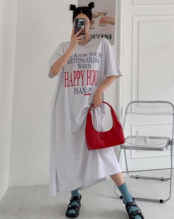 现货韩国东大门代购夏宽松显瘦字母慵懒风女中长款裙子T恤连衣裙