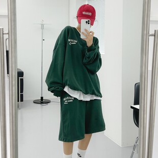 现韩国东大门2024春秋女士女装棉绿色字母大码卫衣短裤套装休闲潮