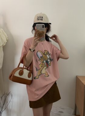 短袖休闲洋气水洗做旧棉T恤女
