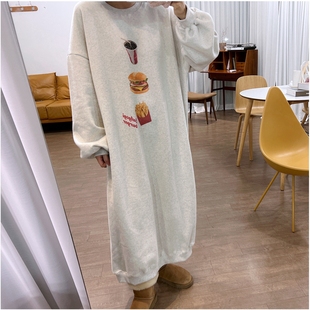 现2024韩国东大门秋冬女士棉保暖汉堡长款连衣裙卫衣裙小个子温柔