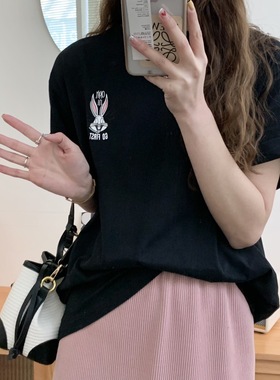 现货韩国东大门春夏季女士棉卡通兔八哥短袖T恤麻白色休闲潮显瘦