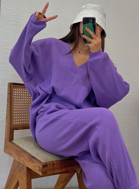 现货韩国东大门春秋女士华夫格V领卫衣裤子休闲套装紫色洋气运动