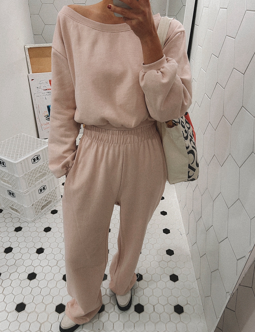 现货韩国代购春季女士棉大圆领露肩卫衣卫裤休闲运动套装ins洋气