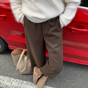现货秋冬季海维恩女士毛呢九分桶型裤小个子穿搭洋气休闲裤阔腿裤
