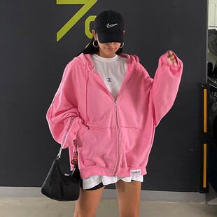 现货韩国2025春秋新款女装棉字母印花贴布宽松慵懒风卫衣连帽外套