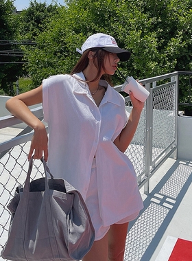 现韩国2024夏季女麻棉衬衫领短袖单排扣通勤T恤短裤套装白色洋气