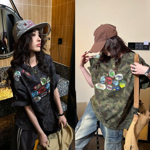 美式迷彩宽松短袖纯棉T恤女春夏