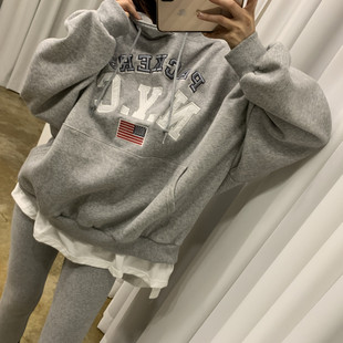现货韩国秋冬女士加绒加厚刺绣宽松连帽卫衣打底裤假三件套装学生