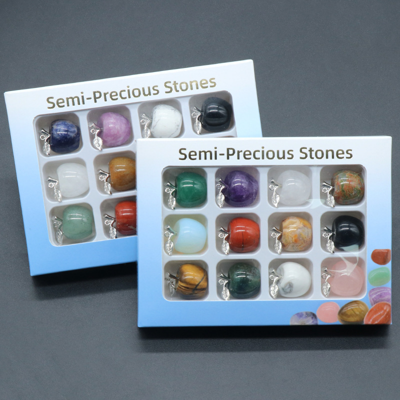 1496-天然水晶石头20mm小苹果 12格彩盒装吊坠摆件两用款跨境货源