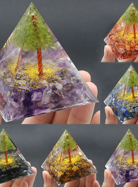 1416-K款橄榄晶生命树金字塔摆件树脂胶包裹水晶玛瑙碎石家居摆件