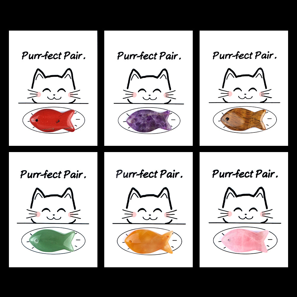 1816-Purr-fect Pair猫和鱼疗愈卡片系列天然水晶玛瑙石 创意趣味