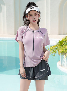 运动游泳衣女分体两件套式平角裤大码胖mm保守显瘦遮肚温泉泳装