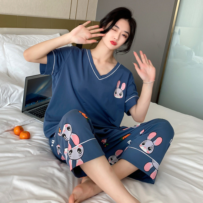 春夏季大码家居服女士薄款棉套装