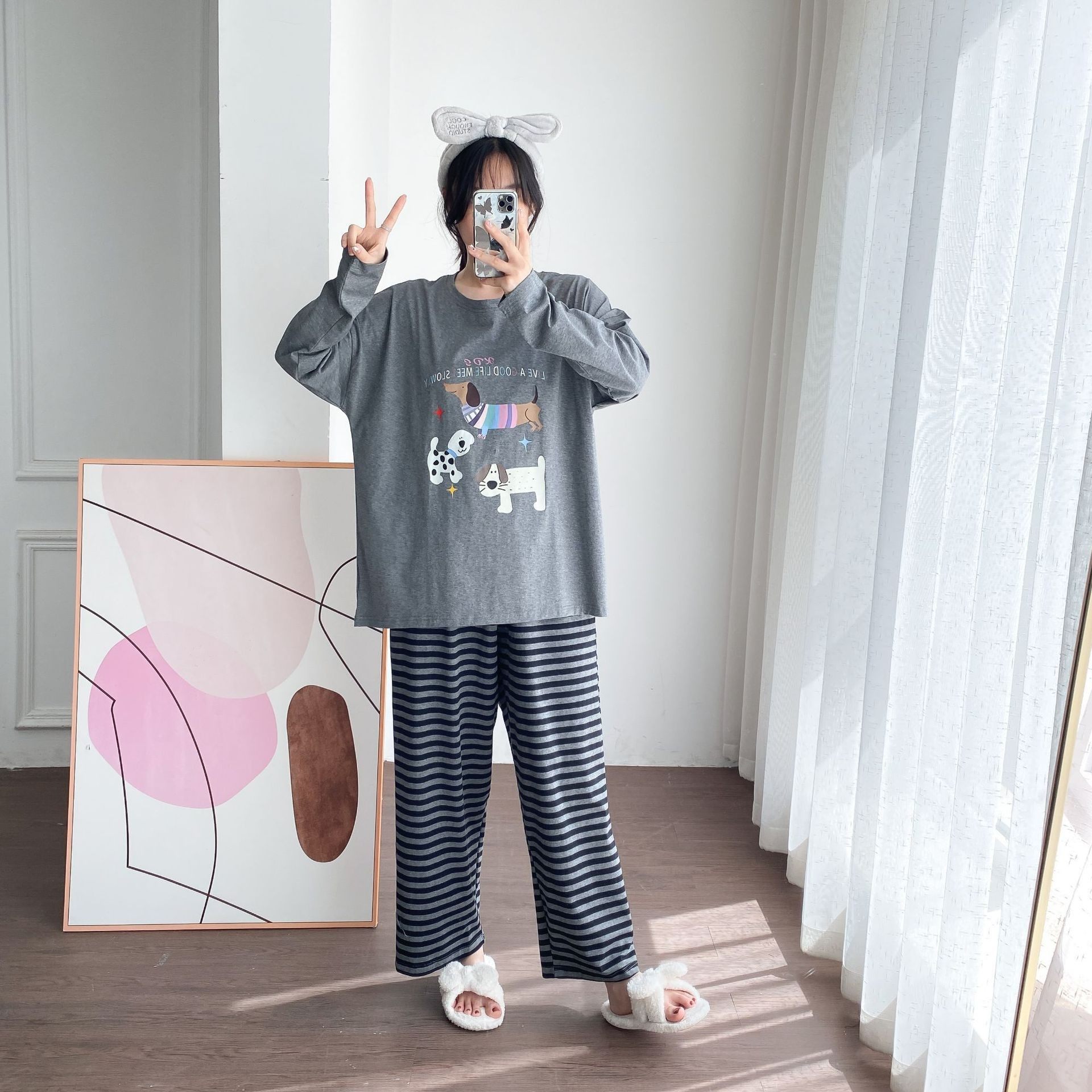 女士加肥大码睡衣纯棉家居服长袖