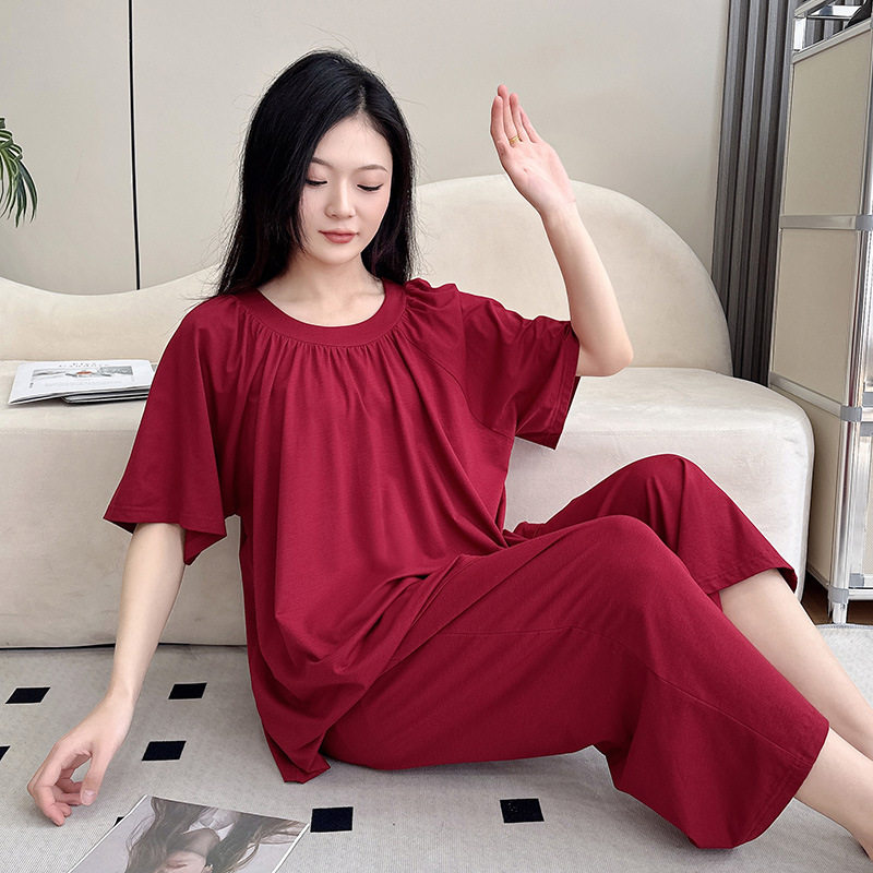 夏加肥大码女睡衣短袖七分裤套装