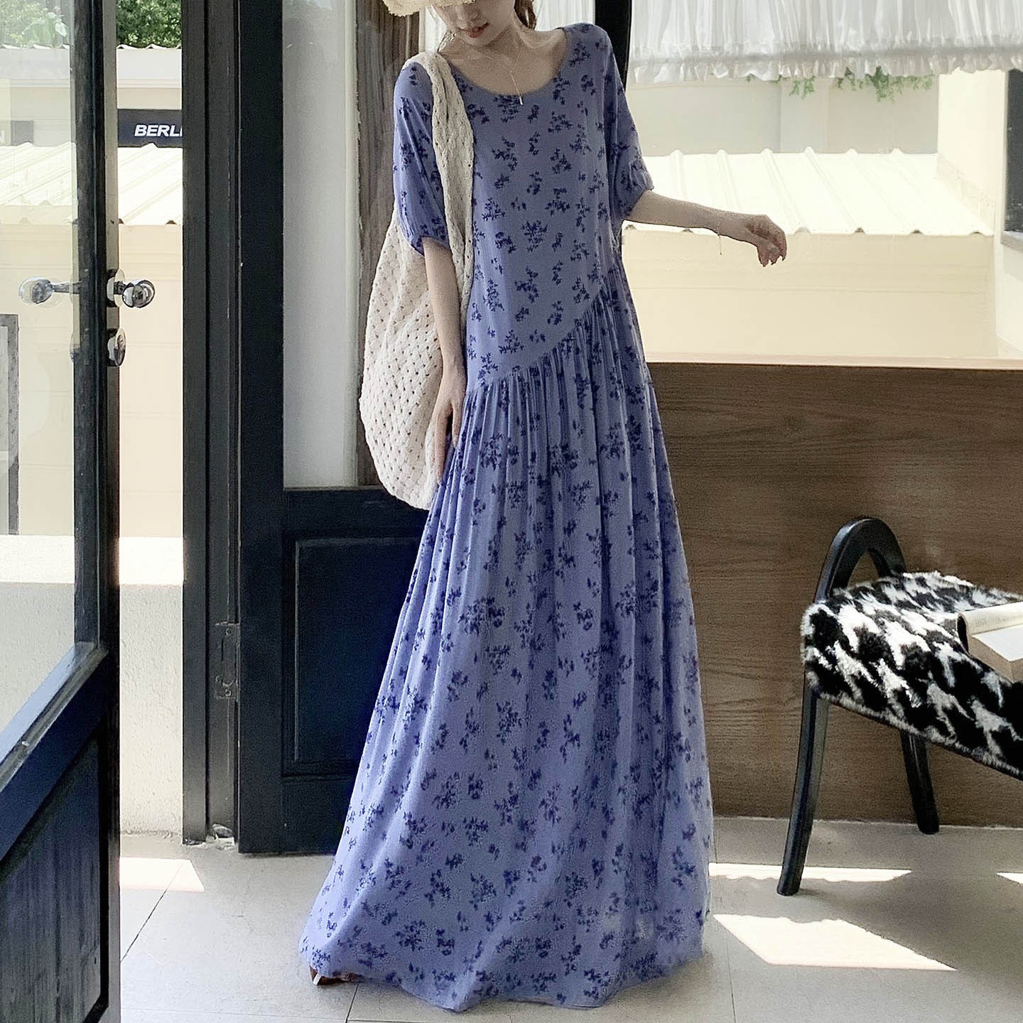 夏秋棉绸睡裙女加肥复古碎花宽松大码连衣裙度假风长裙薄款可外穿