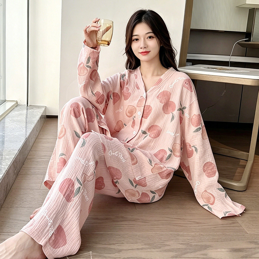 纯棉长袖女睡衣加肥大码家居服