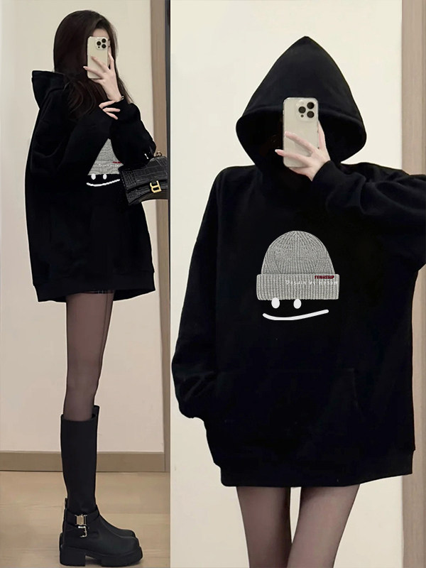 黑色加绒连帽卫衣女外套2025秋冬季新款时尚减龄加厚衣服帽衫上衣