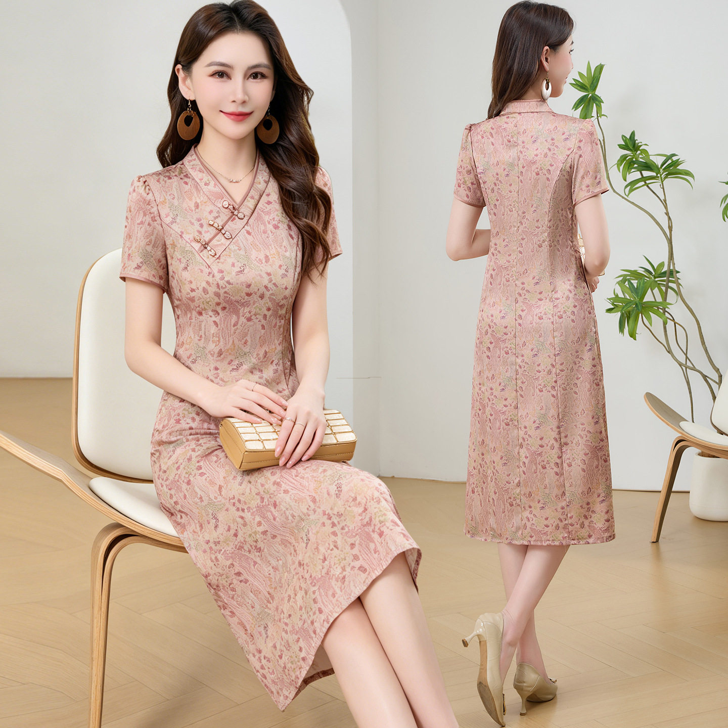 2026夏季新款时尚印花短袖连衣裙修身中青年妈妈中旗袍裙过膝女装