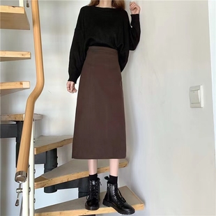 毛呢半身裙女秋冬大码高腰显瘦中长款直筒裙松紧腰后开叉a字裙