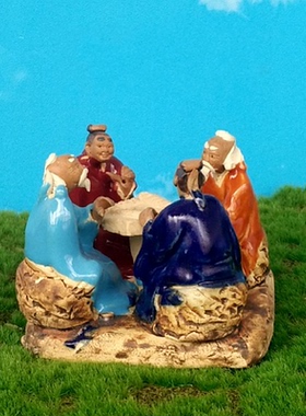 四人麻将四个老头喝茶摆件