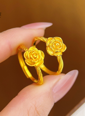 女沙金古法玫瑰花麻花可调节戒指