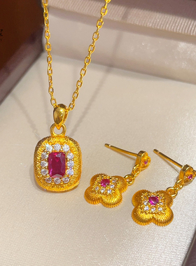 女沙金拉丝玫红钻方糖项链耳钉