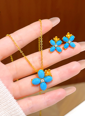 沙金点钻四叶草花瓣绿松项链耳钉
