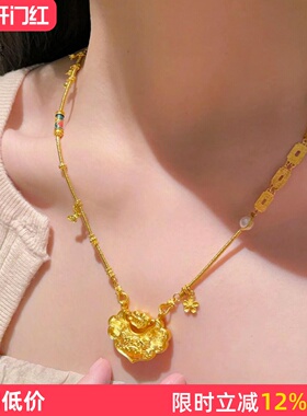 女沙金999锦鲤锁双勾毛衣链吊坠