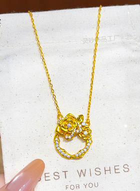 沙金镶钻玫瑰花花环项链闪钻女款